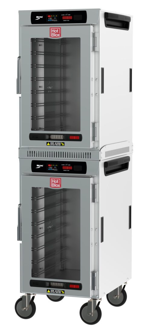 The Metro HBCN16-DC-M HotBlox is a dual-cavity, 16-pan mobile holding cabinet with a clear door and digital touchscreen controller. Each unit runs at 875W and 60Hz, ideal for keeping food warm in catering settings.