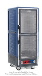 The Metro C539-CLDC-L-BU is a full-height, blue insulated holding/proofing cabinet with Dutch Clear Doors for visibility, featuring lip load aluminum slides and a control panel at the base. It offers mobility through wheels and operates on a 120V, 60Hz power supply.