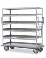 The Metro MQ-512F-H Queen Mary Banquet Service Cart boasts an open-frame, stainless steel design with 5 flat shelves and swing-up pull handle, perfect for industrial use. It offers smooth-rolling wheels and side handles for easy maneuvering and secure item transport.