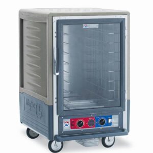 The Metro C535-CXFC-L-GYA is a 1/2 height insulated holding/proofing cabinet with a full-length clear door, vibrant red and blue controls, Lip Load Aluminum Slides, and fixed wire slides for trays. It operates at 220-240V, 50/60Hz with 1681-2000W power and is mounted on four wheels.