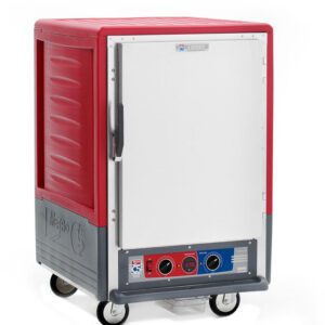 The Metro C535-MFS-L C5 3 Series is a red, 1/2 height insulated cabinet with a left-handle solid door. It features lip load aluminum slides, 60Hz temperature controls with digital display, and is compact and portable. Specifications: 120V, 2000W.
