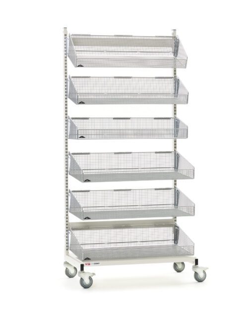 The Metro QB136-M6 qwikSIGHT Mobile Single-Sided 6-Basket Shelving Unit, a tall metal rack on four caster wheels, features seven slanted mesh baskets for organization. Its sleek silver frame stands out against any white background.