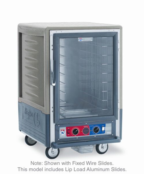 The Metro C535-CFC-L-GYA C5 3 Series is a mobile 1/2 height insulated holding/proofing cabinet with a full-length clear door and intuitive control panel. It has a gray body, lip load aluminum slides for easy tray management, operates at 120V, 60Hz, and uses 2000W.