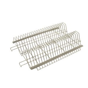 The Metro XTR2436XE Tray Drying Rack is designed for 24 x 36 shelving with 1.125 spacing, featuring two levels with vertical slots for plates and extra space for cups and utensils, all set on a white background.