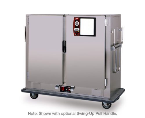 The Metro MBQ-150DX Two-Door Banquet Cabinet is a stainless steel heated cart with a 1650W Standard Electric Thermal System, digital control panel on the right, sturdy wheels, and a swing-up pull handle for added convenience.