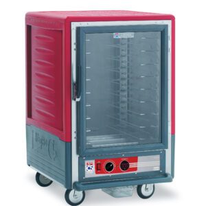 The Metro C535-HLFC-U C5 3 Series is a red and gray insulated food warming cabinet with wheels. It has a full-length clear door, Universal Wire Slides for interior shelving, and a bottom control panel with 60Hz temperature settings.