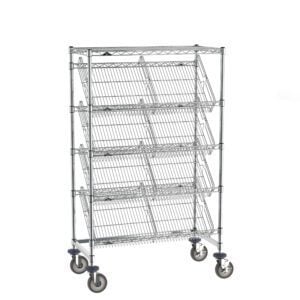 The Metro DC35EC Super Erecta Slanted Shelf Rack, sized at 18 x 36, includes one flat and four slanted wire mesh shelves on a metal rolling cart. It features four caster wheels for mobility, two with brakes, against a plain white background.