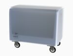A Metro SSDV16 Vinyl Dust Cover tops the transparent, rectangular cart with metal legs and four black wheels, featuring a Metro logo. Its minimalist design and smooth edges make it ideal for utility use with side-load polymer dish/tray carts.