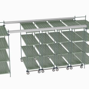 A large green metal mobile racking system with shelves and caster wheels is shown. It features the Metro TT16-E2460M2460P Top-Track Overhead Track Shelving Complete Kit for 16 ft. Spaces, including 60 Wide Super Erecta Pro Shelves, providing flexible and mobile storage solutions.