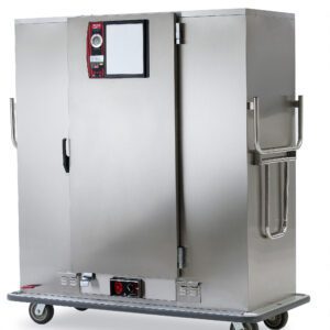 The Metro MBQ-180XA is a stainless steel banquet cabinet with one door, featuring a Standard Electric Thermal System running on 220V/50-60Hz at 1650W. It includes an optional swing-up pull handle and caster wheels for easy mobility. Note: Quad-Heat unit shown with optional Swing-Up Pull Handle.