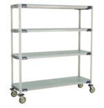The MetroMax i X366EFX3 4-Shelf Industrial Plastic Shelving Mobile Cart features solid shelves and measures 18 x 60 x 67.3125. It has a light gray frame with blue corner accents and is equipped with caster wheels for easy mobility.