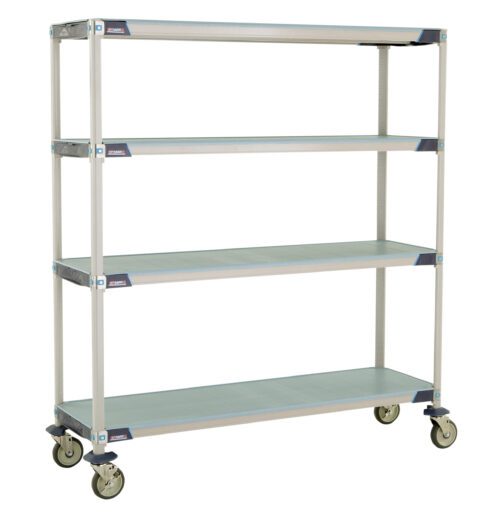 The MetroMax i X366EFX3 4-Shelf Industrial Plastic Shelving Mobile Cart features solid shelves and measures 18 x 60 x 67.3125. It has a light gray frame with blue corner accents and is equipped with caster wheels for easy mobility.