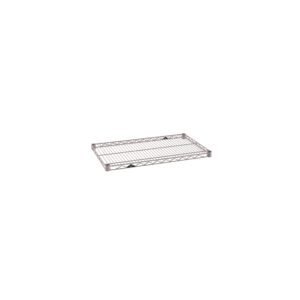 The Metro Super Erecta 1830NK4 Industrial Wire Shelf, boasting a sleek Metroseal Gray Epoxy finish and dimensions of 18 x 30, features a rectangular grid pattern and sturdy corner brackets, set against a plain white background.