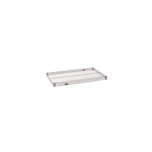 The Metro Super Erecta 1830NK4 Industrial Wire Shelf, boasting a sleek Metroseal Gray Epoxy finish and dimensions of 18 x 30, features a rectangular grid pattern and sturdy corner brackets, set against a plain white background.
