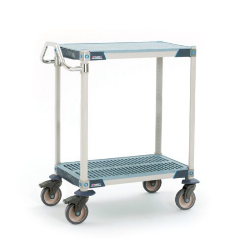 94mmv4pfmpcsyy6h9crl2bh8xi42efzj.jpg The MetroMax i MXUC1830FT-25L is a compact, two-shelf industrial polymer lab utility cart with a solid top shelf mat in blue and gray. It comes with four swivel wheels, a metal handle for easy maneuverability, and measures 18 W x 30 L x 39.25 H, ideal for efficient item transport.