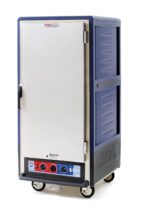 The Metro C537-CLFS-4-BUA C5 3 Series Cabinet is a blue insulated unit with a full-length solid door, fixed wire slides, and wheels for mobility. Operating at 60Hz and 120V, its ideal for commercial kitchens. The Metro brand logo is displayed at the bottom right of this model.