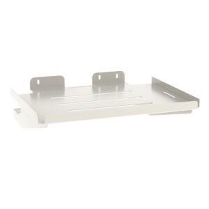 The Metro LEC306 Suction Pump Shelf for Lifeline and Flexline Carts features a white metal design with side brackets, slotted openings, and back holes for secure wall mounting, enhancing its minimalist, modern look.