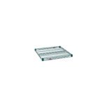 The Metro Super Erecta 2424NK3 Industrial Wire Shelf, measuring 24 x 24, showcases a Metroseal Green Epoxy finish with a grid design supported by four corner brackets and a subtle red label on a white background.