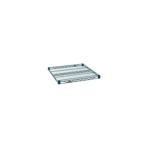 The Metro Super Erecta 2424NK3 Industrial Wire Shelf, measuring 24 x 24, showcases a Metroseal Green Epoxy finish with a grid design supported by four corner brackets and a subtle red label on a white background.