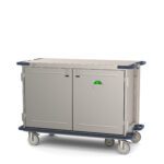 The Metro CaseVue CV48LS-5B Surgical Case Cart, 57.5W x 28D x 40.625H, is a large stainless steel cart with dark blue bumpers and a small green logo. It provides easy mobility in hospital settings with solid doors and innovative 5th wheel steering.
