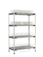 The MetroMax i PR48X4 Stationary Drying Rack, 24 x 48 x 74, features wire shelves on four tiers and a sturdy frame, including two tray racks and two pan racks, for efficient plate organization. Its adjustable feet and minimalist design make it ideal for kitchens or catering services.