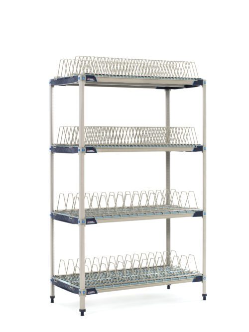 The MetroMax i PR48X4 Stationary Drying Rack, 24 x 48 x 74, features wire shelves on four tiers and a sturdy frame, including two tray racks and two pan racks, for efficient plate organization. Its adjustable feet and minimalist design make it ideal for kitchens or catering services.
