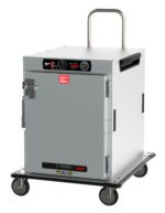 The Metro HBCW8-AS-T HotBlox Wide 8-Pan Insulated Transport Holding Cabinet is a mobile food warmer on wheels with a handle, locking solid door, front controls, and analog controller. It operates at 120V and 875W with a NEMA 5-15P plug and features the red Hot Blox logo.