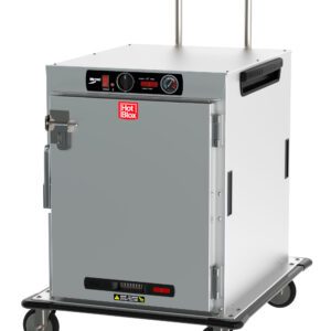 The Metro HBCW8-AS-T HotBlox Wide 8-Pan Insulated Transport Holding Cabinet is a mobile food warmer on wheels with a handle, locking solid door, front controls, and analog controller. It operates at 120V and 875W with a NEMA 5-15P plug and features the red Hot Blox logo.