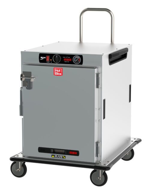 The Metro HBCW8-AS-T HotBlox Wide 8-Pan Insulated Transport Holding Cabinet is a mobile food warmer on wheels with a handle, locking solid door, front controls, and analog controller. It operates at 120V and 875W with a NEMA 5-15P plug and features the red Hot Blox logo.