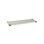 The Metro 1854FS Super Erecta Solid Shelf features a standard stainless steel design with black corner caps on white, measuring 18 x 54. A small red and white label is affixed to one side.