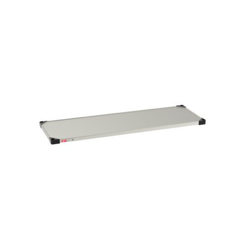 The Metro 1854FS Super Erecta Solid Shelf features a standard stainless steel design with black corner caps on white, measuring 18 x 54. A small red and white label is affixed to one side.