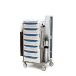 The Metro SXRSDIFAIR Starsys Difficult Airway Cart has multiple labeled drawers, essential medical supplies, an oxygen tank, and tubes. It glides smoothly on four wheels and features a sleek gray and white design.