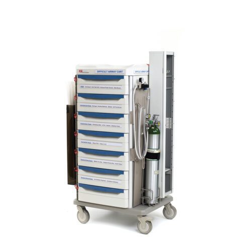 The Metro SXRSDIFAIR Starsys Difficult Airway Cart has multiple labeled drawers, essential medical supplies, an oxygen tank, and tubes. It glides smoothly on four wheels and features a sleek gray and white design.