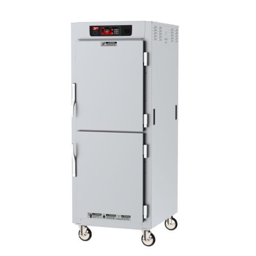 The Metro C589-SDS-LPDC C5 8 Series Insulated Pass-Thru Holding Cabinet is a full-height, stainless steel commercial appliance on wheels. It features Dutch Clear Doors, two handles, a digital display, and operates efficiently at 120V, 60Hz with 2000W for heated storage.