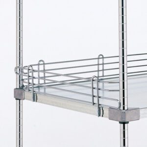 The Metro L18WC Super Erecta 4 High Ledge for Solid Shelving in chrome is compatible with a metal shelving unit that includes a wire basket and adjustable shelf brackets, featuring a sleek frame of vertical and horizontal rods for an industrial look ideal for storage.