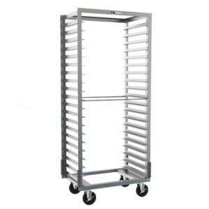 The Metro RD33NA37 Side-Load Pan Rack, 24.875 x 19.625 x 69.25, features multiple horizontal slots, 3 slide spacing, gray corner bumpers, and four large wheels for optimal tray organization and seamless mobility with an open design.