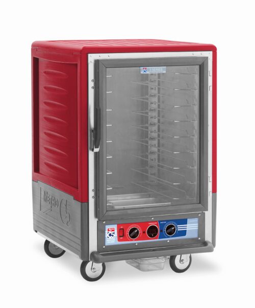 9f9zhm9dqbv65ogt25pgxok6ig9c102h.jpg The Metro C535-MFC-U C5 3 Series is a red 1/2 height insulated holding/proofing cabinet with a full-length clear door and metallic frame. It features universal wire slides, controls on the bottom front panel, multiple tray/shelf slots, operates on 120V, and has wheels for mobility.