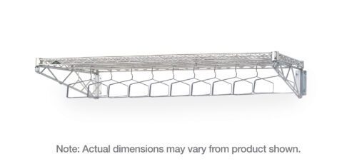 A metal wall shelf with a wireframe design, similar to the Metro GRW2436S Stainless Steel Wall Mount Garment Rack, features a grid-like base and hexagonal-patterned support measuring 24 x 36 x 7.5. Note: Actual dimensions may vary from product shown.