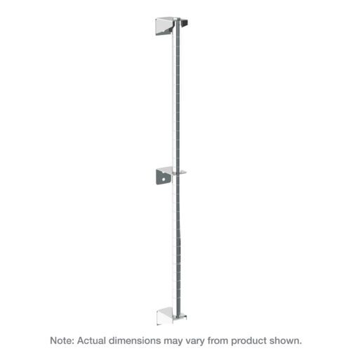 A stainless steel, tall, slim rod stands 13 high with three evenly spaced rectangular brackets for the Metro 13PDFS Super Erecta Wall Mount Post. Each bracket features a central opening, and dimensions are noted at the base.