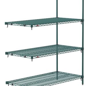 The Metro Super Adjustable Super Erecta AA546K3 is a 24 x 42 x 63 metal shelving unit with four adjustable wire shelves. Its Metroseal Green Epoxy finish suits any space, and the open-grid style promotes air circulation. Dimensions may vary.