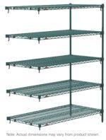 The Metro Super Adjustable Super Erecta 5AA467K3 is a freestanding, five-tiered shelving unit with wire shelves and metal posts. Its finished in Metroseal green epoxy, measuring 21 x 60 x 74. Note that actual dimensions may vary from the product shown.