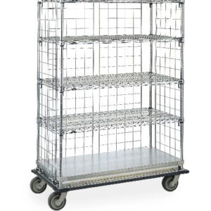 The Metro LXH56C Linen Exchange/Transport Cart features a large metal trolley with three wire mesh shelves, a solid base, and four wheels for easy mobility. Its open structure ensures effortless access to contents, making it ideal for transporting goods.
