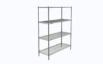 The Metro N356C Super Erecta 4-Shelf Unit, Chrome measures 18 x 48 x 63, featuring an open-frame design with evenly spaced shelves supported by four sturdy vertical poles.