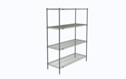 The Metro N356C Super Erecta 4-Shelf Unit, Chrome measures 18 x 48 x 63, featuring an open-frame design with evenly spaced shelves supported by four sturdy vertical poles.