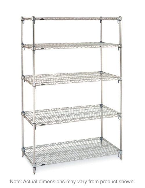 The Metro Super Adjustable Super Erecta 5A357C Shelving Unit in chrome offers a five-tier design with adjustable legs and open shelves, measuring 18 x 48 x 74. Sturdy vertical metal rods support the evenly spaced shelves. Note: Dimensions may vary slightly from product shown.