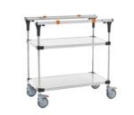 The Metro MS1836-FSFS PrepMate MultiStation 36 Prep Station features solid stainless steel top and bottom shelves, stylish stainless steel posts, four swivel wheels with two orange locks for stability, dual handles, and a three-tiered rolling design with silver trays and sleek black accents.