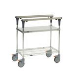 Meet the versatile Metro MS1830-FGBR PrepMate MultiStation. This 30 prep station boasts a solid galvanized top shelf, brite zinc wire bottom shelf with chrome posts, four wheels, side handles for easy portability, and gray casters with orange foot brakes for secure mobility.
