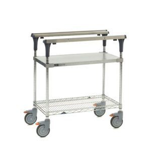 Meet the versatile Metro MS1830-FGBR PrepMate MultiStation. This 30 prep station boasts a solid galvanized top shelf, brite zinc wire bottom shelf with chrome posts, four wheels, side handles for easy portability, and gray casters with orange foot brakes for secure mobility.