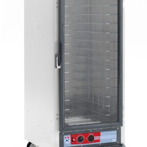 The Metro C517-HFC-4A C5 1 Series 3/4 Height Holding Cabinet is a mobile stainless steel food warmer with fixed wire slides and a clear door. Its bottom control panel offers adjustable settings and a digital display, operating efficiently at 120V, 60Hz, and 2000W.