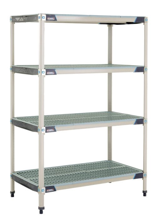 The MetroMax i X546GX3 is a 24 x 42 x 63, four-tier shelving unit with ventilated plastic shelves and metal supports in beige. This freestanding structure, with round black feet, is perfect for organizing items in garages or storage areas.